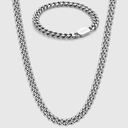 CUBAN CHAIN X BRACELET SET (SILVER) 8MM
