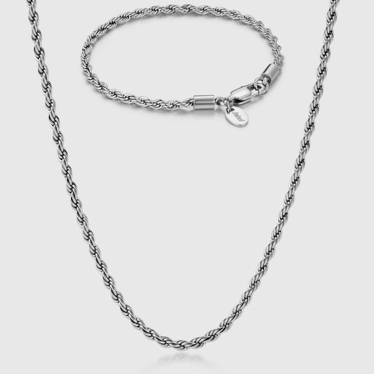 ROPE CHAIN X BRACELET SET (SILVER) 3MM